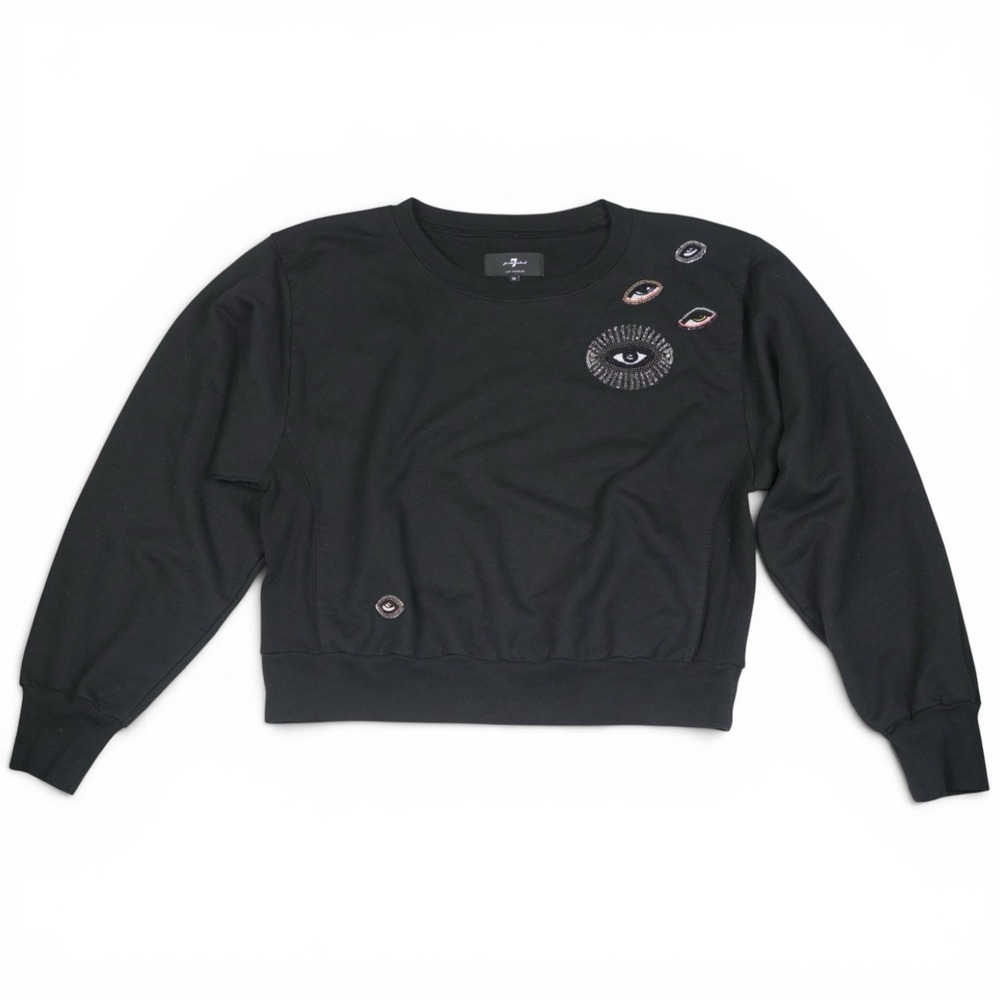 7 For All Mankind Beaded Evil Eye Sweatshirt Black Cotton Pullover M